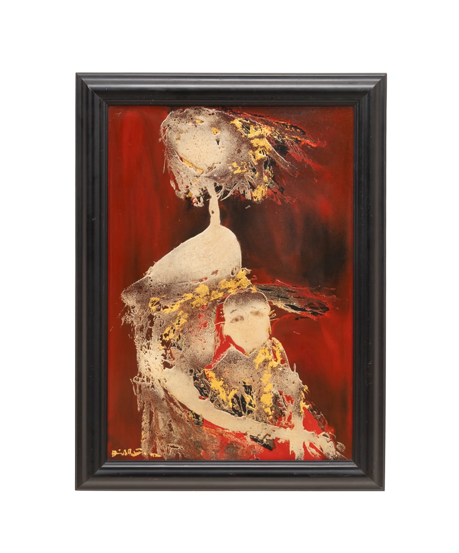Quan Dinh, Mother and Child, 1992, Lacquer: Quan Dinh Vietnamese, born 1964 Untitled (Mother and Child) - 1992 Lacquer and gold foil on board Signed and dated to LL. Framed. Board: 35 1/2 x 24 in. (90.2 x 61 cm.), Frame: 41 1/4 x 29 3/4 x 1