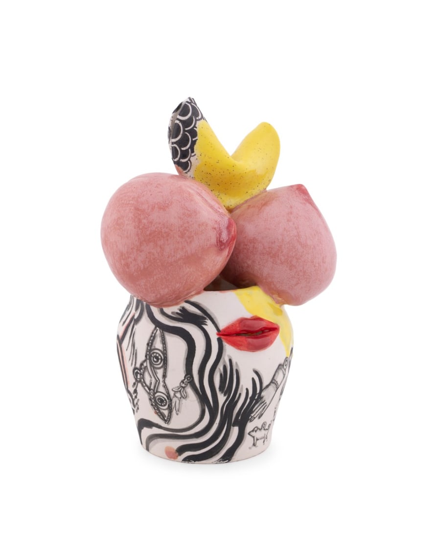 Jiha Moon, "Mama Peach", Glazed Earthenware: Jiha Moon Korean / American, born 1973 "Mama Peach" Glazed Earthenware with Porcelain Slip Signed to lower side and underside. 10 x 7 1/8 x 5 3/8 in. (25.4 x 18.1 x 13.7 cm.) Provenance: Private