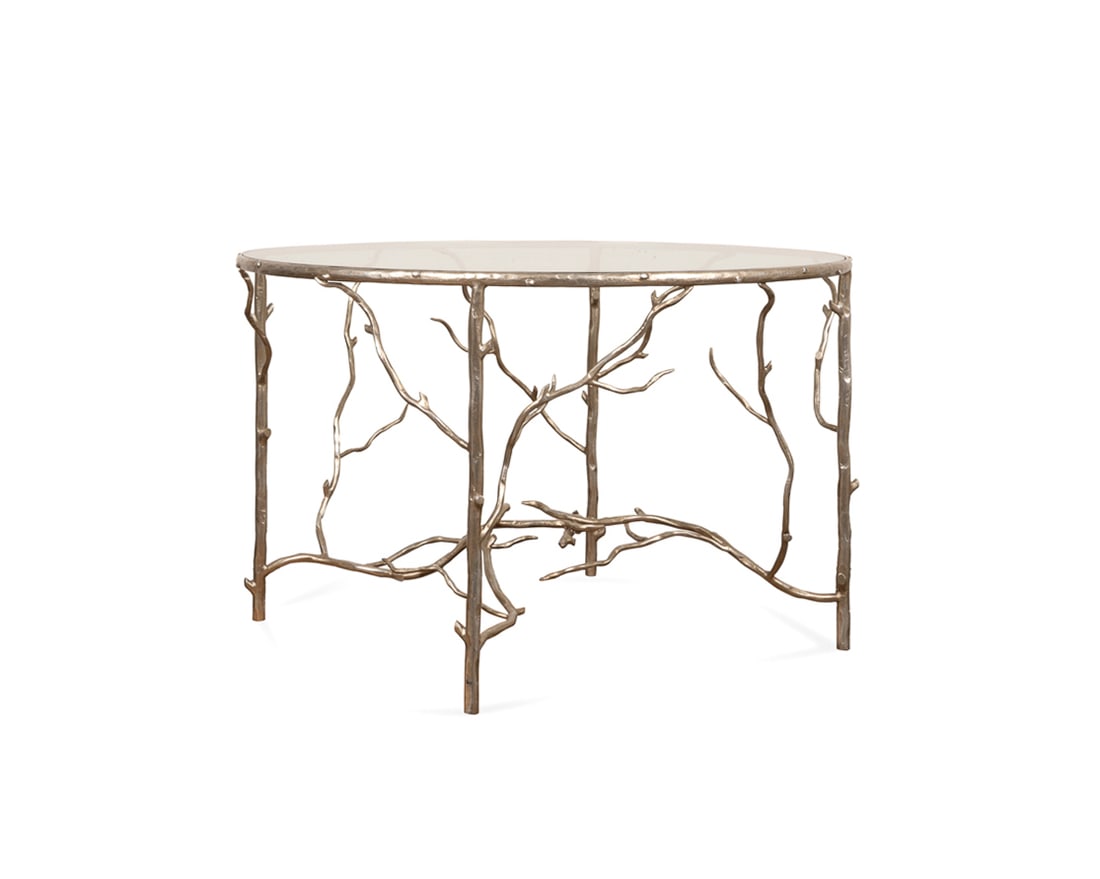 Paul Ferrante Tall "Branch" Cocktail Table: Paul Ferrante Tall "Branch" Cocktail Table Paul Ferrante (American, founded 1957), contemporary. Or center table, model 6199-R, having a circular glass on an antique silver finished iron base. Apparen