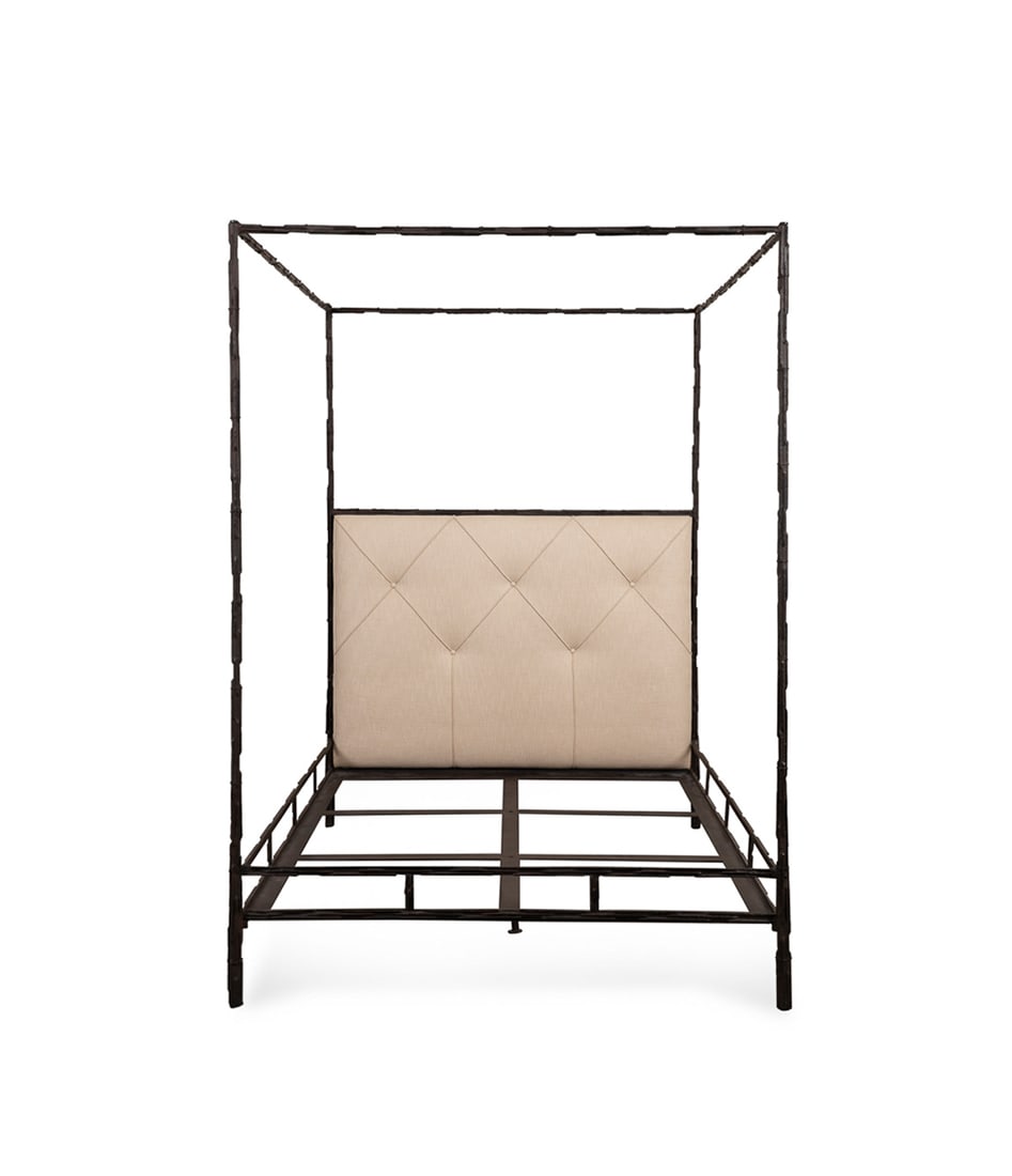 Paul Ferrante "Bamboo" Iron Bed: Paul Ferrante "Bamboo" Iron Bed Paul Ferrante (American, founded 1957), contemporary. Model number 6063-B, having a bronze finish frame and beige tufted upholstered headboard. Overall: 90 1/2 x 65 x 8