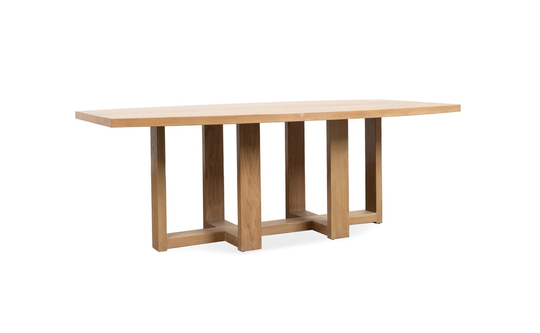 Paul Ferrante 'Campbell' Blonde Oak Dining Table: Paul Ferrante 'Campbell' Oak Dining Table Paul Ferrante (American, founded 1957), contemporary. Blonde oak rectangular dining table having two curved sides and raised on rectangular pillar legs, appar