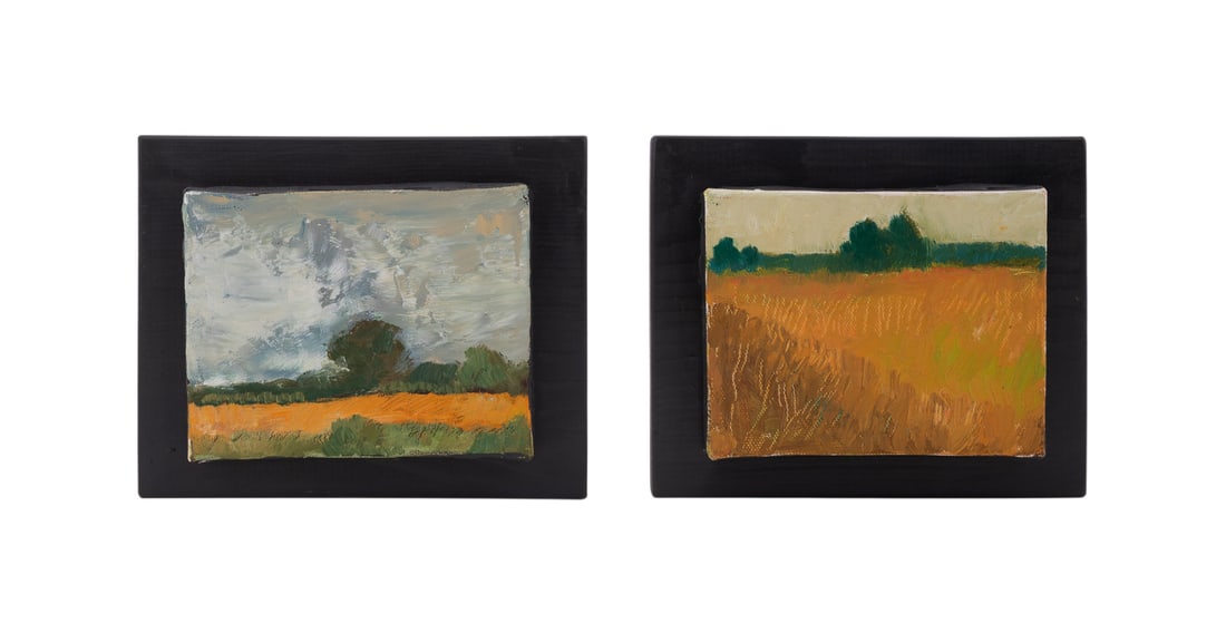Russell Sharon, Pair of Landscapes, 1999, O/C: Russell Sharon American, born 1948 Pair of Untitled Landscapes - 1999 Oil on canvas Each signed and dated to verso. Unframed, mounted on wood board. Canvas: 4 x 5 in. (10.2 x 12.7 cm.), With board: 5