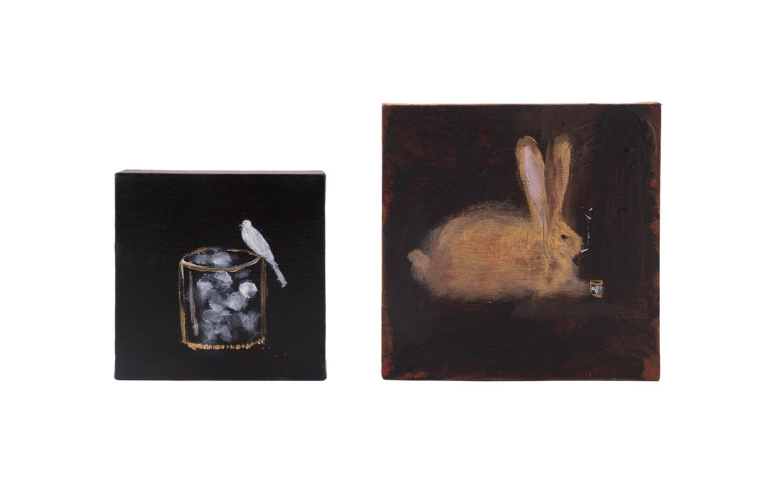 Mondini-Ruiz, Two Playful Paintings, 2007-09, O/C: Franco Mondini-Ruiz American, born 1961 "Rabbit with a Habit" and "Bird on a Bourbon" - 2009 and 2007 Oil on canvas Each titled, signed, and dated to verso. Unframed. Rabbit: 7 7/8 x 7 7/8 x 7/8 in.