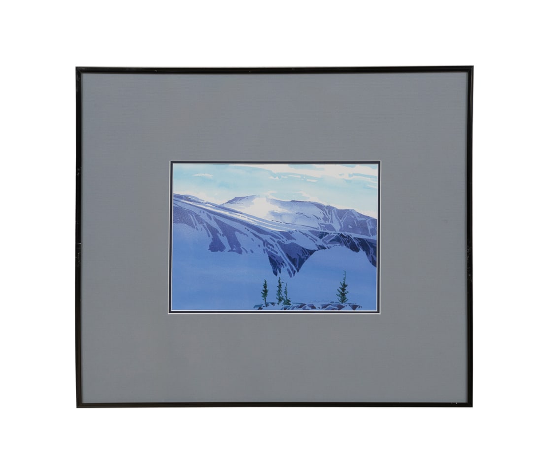 B. Kaplinski, "Snowy Highlights", c. 1985, W/C: Buffalo Kaplinski American, born 1943 "Snowy Highlights" - circa 1985 Watercolor on paper Signed "B Kaplinski" to LR, gallery labels for James Fisher Gallery, Denver, CO, and Plume Bleu Galerie,