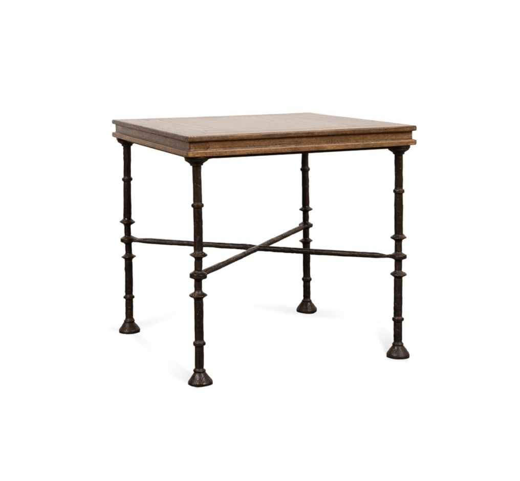 Paul Ferrante "Holden" Side Table: Paul Ferrante "Holden" Side Table Paul Ferrante (American, founded 1957), contemporary. Model 6217, having a distressed square oak top on a bronze finished wrought iron base. Apparently unmarked. 20 3