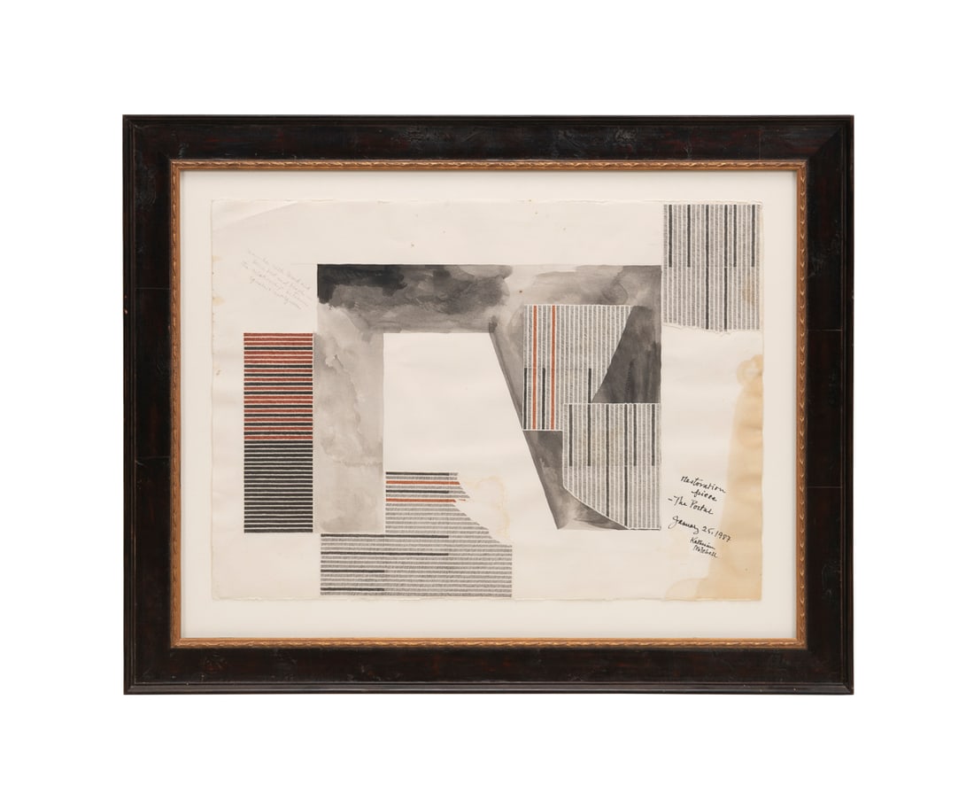 K. Mitchell, "Restoration Piece...", 1987, MM: Katherine Mitchell American, born 1944 "Restoration Piece, The Portal" - 1987 Mixed media on paper Titled, dated, and signed to LR. Framed. Sheet: 22 1/4 x 30 in. (56.5 x 76.2 cm.), Frame: 32 1/4 x