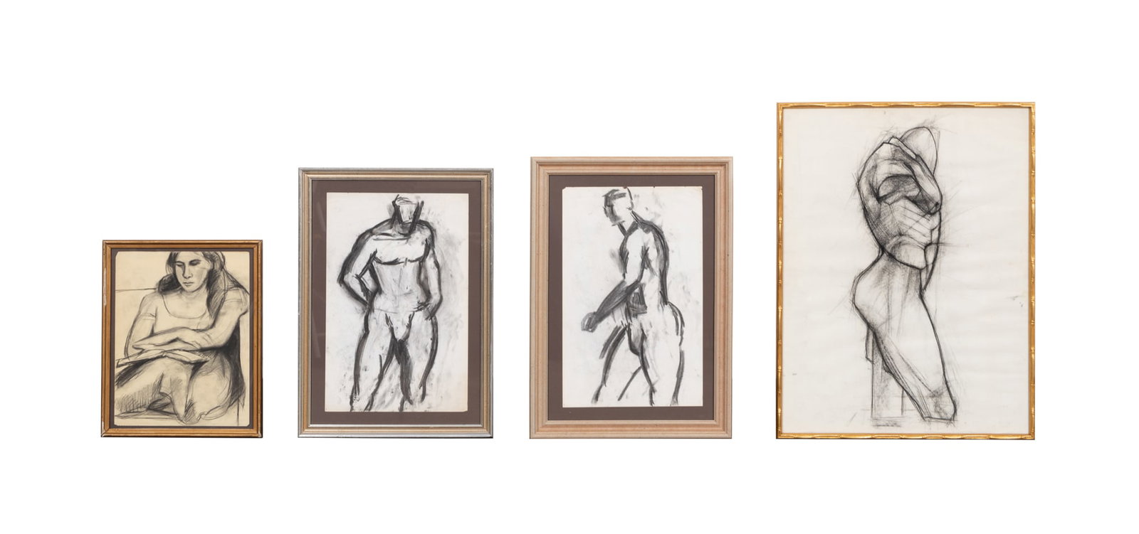 American school, Four Figural Sketches, Charcoal: Four Figural Sketches Charcoal on paper American school, 20th century. One signed LR with 'M'. Framed. (Largest) Sheet: 25 1/2 x 19 1/4 in. (64.77 x 48.9 cm.), Frame: 26 1/2 x 20 1/4 x 1 in. (67.3 x