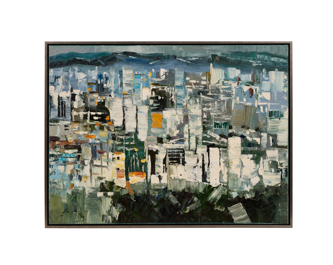 American School, Cityscape, 21st C., O/C: Untitled (Cityscape) Oil on canvas American school, 21st century. Signed "En. X." to LL. Framed. Canvas: 30 x 40 in. (76.2 x 101.6 cm.), Frame: 31 3/8 x 41 1/4 x 2 1/2 in. (79.7 x 104.8 x 6.4 cm.)