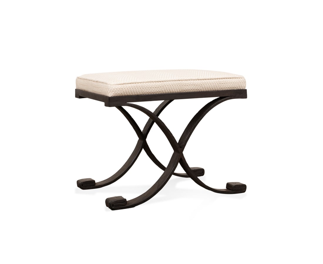 Paul Ferrante "Trista" Bench: Paul Ferrante "Trista" Bench Paul Ferrante (American, founded 1957), contemporary. Model 6242, having an upholstered seat on a wrought iron base. Apparently unmarked. 19 1/2 x 24 x 17 in. (49.5 x 61
