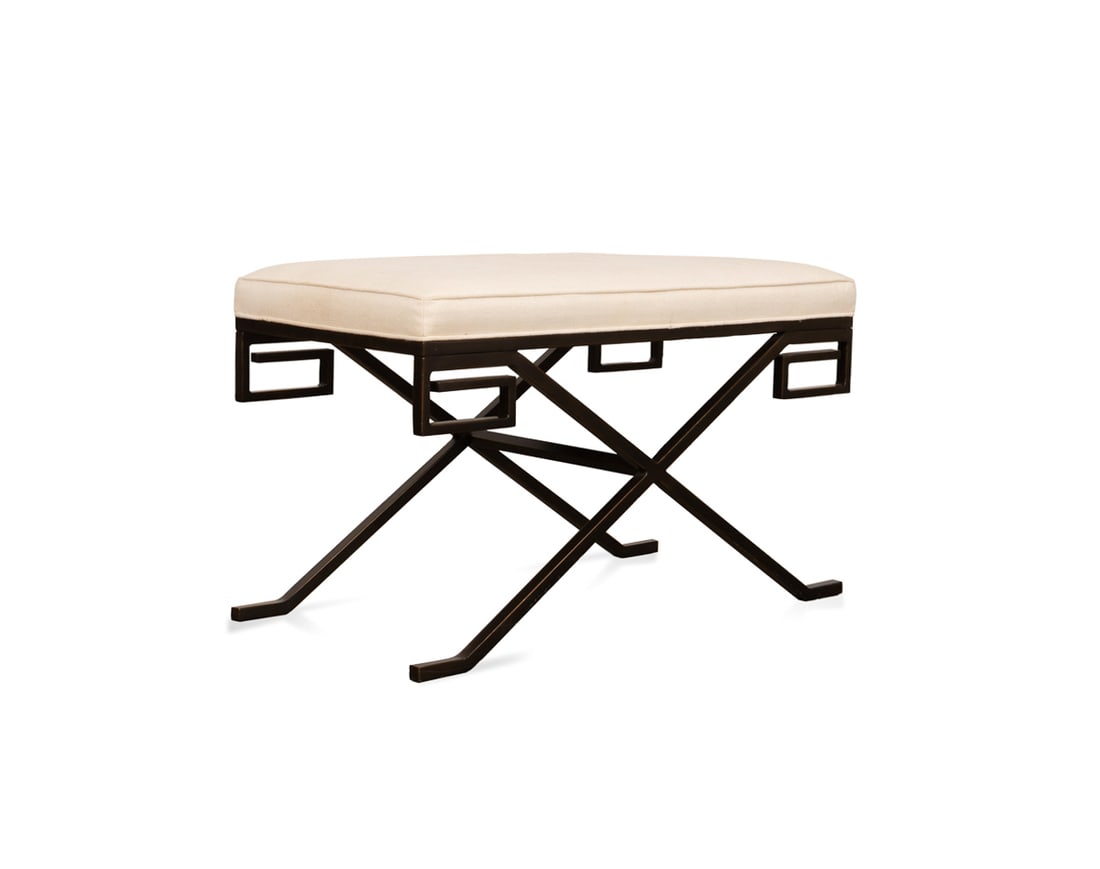 Paul Ferrante 'Demetri' Iron Bench: Paul Ferrante 'Demetri' Iron Bench Paul Ferrante (American, founded 1957), contemporary. "Demetri" upholstered and iron bench, model 6241, having Greek key accented legs, apparently unmarked. 19 x 32