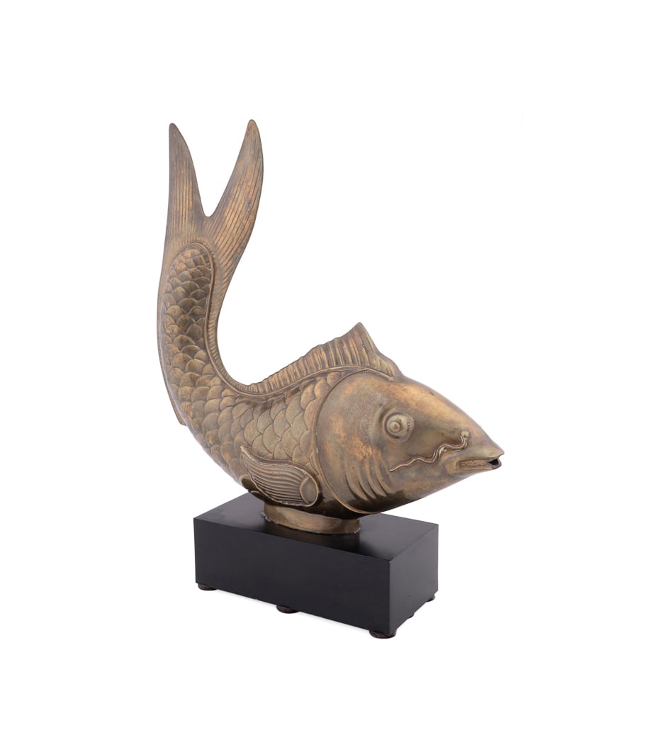 Chapman, Brass Koi Fish Sculpture, C. 1977: Chapman Koi Fish Sculpture Chapman Lighting (American, founded mid-20th century), circa 1977. Large Modern brass fish-motif figure modeled as a koi, on black metal base, apparently unmarked. 20 1/8 x 