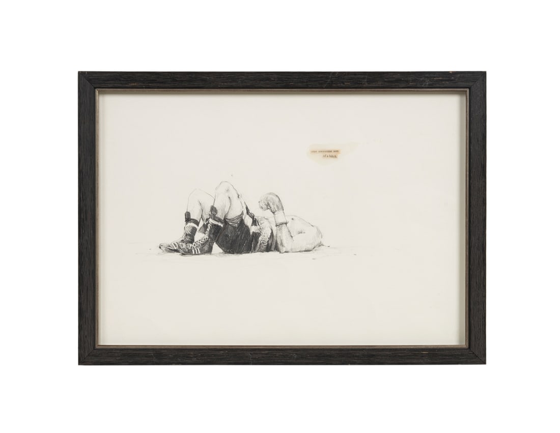 Paul Mullen (attr.), "one awesome...", 21st C.: Paul Mullen (attributed) 20th/21st century "one awesome son of a bitch" - 21st century Pencil and mixed media on paper Drawing of a boxer laying down with a typed note saying "one awesome son of a