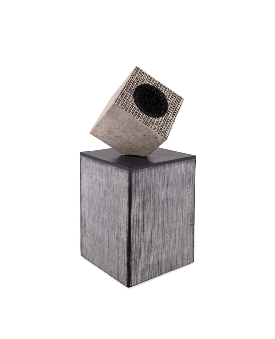 Mark Bridgwood, "2b or Not 2B", 1999, Ceramic: Mark Bridgwood English/American, 20th/21st century "2b or Not 2B" - 1999 Ceramic Stamped "MB / 99" to underside of cube, on modern metal base. Piece: 13 x 12 x 12 in. (33 x 30.5 x 30.5 cm.), Base: 16 