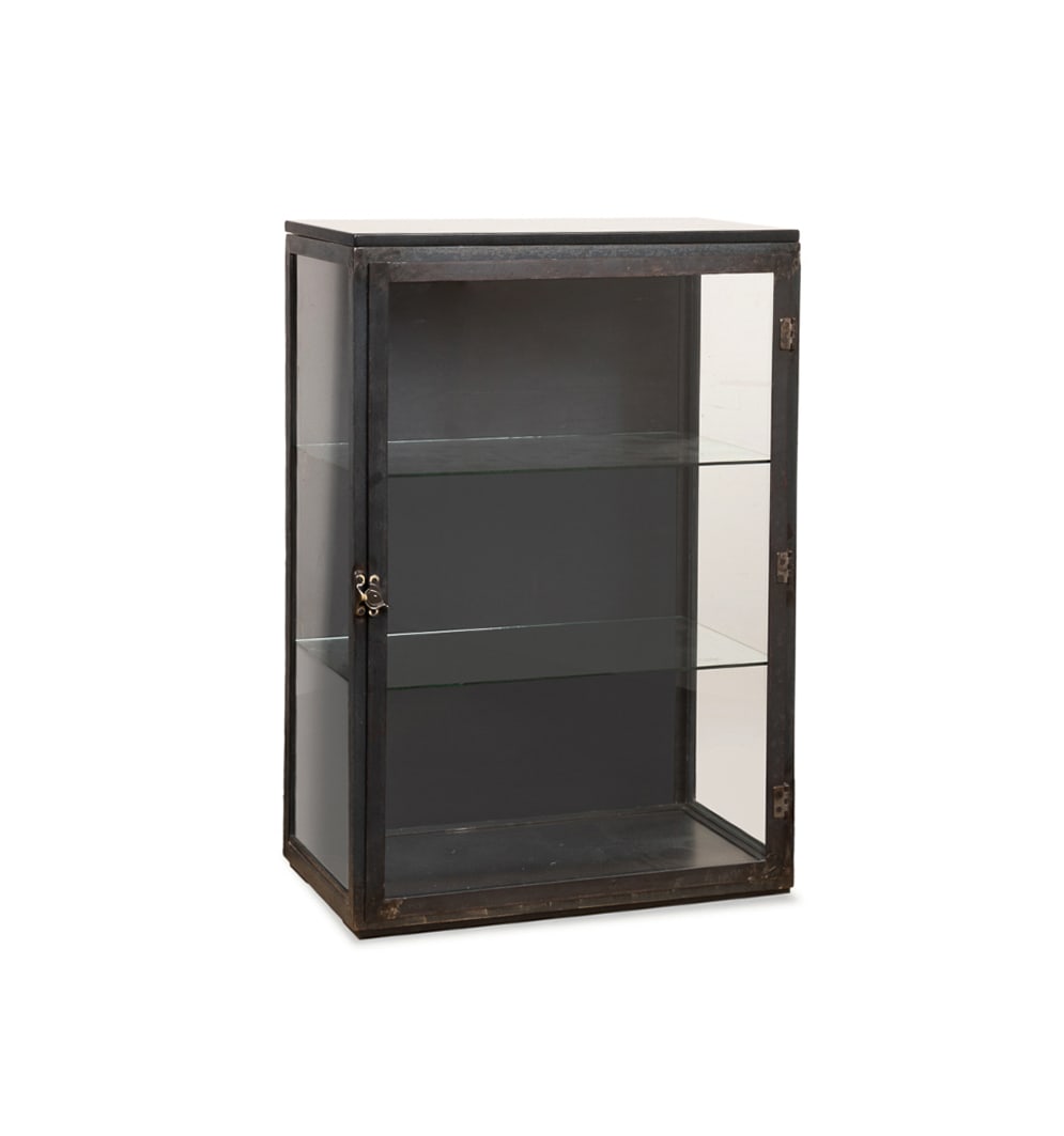 Granite Top Industrial Steel Display Cabinet: Granite Top Industrial Steel & Glass Display Cabinet 20th Century, Possibly American Pharmacy-type cabinet, having a lighted interior, and two glass shelves. Apparently unmarked. 44 x 34 x 17 in. (111