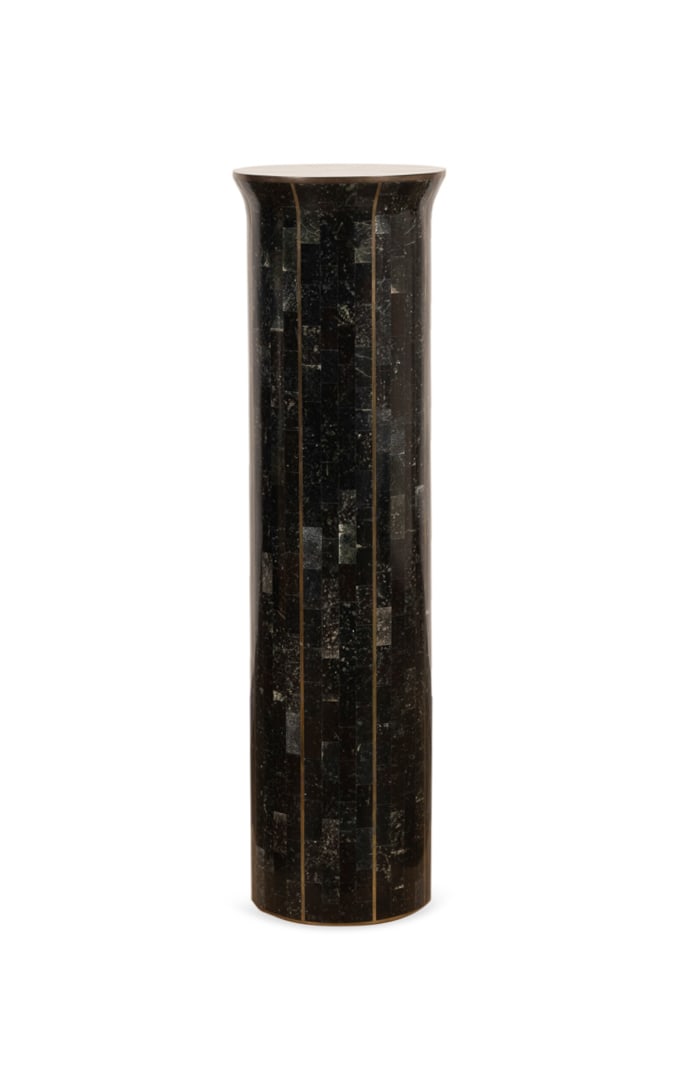 Maitland-Smith Tessellated Marble Pedestal: Maitland-Smith Tessellated Marble Pedestal Maitland-Smith (American, founded 1979), late 20th to early 21st century. Circular pedestal, having brass inlay. Appropriately marked. 42 1/8 x 12 1/8 x 12 1