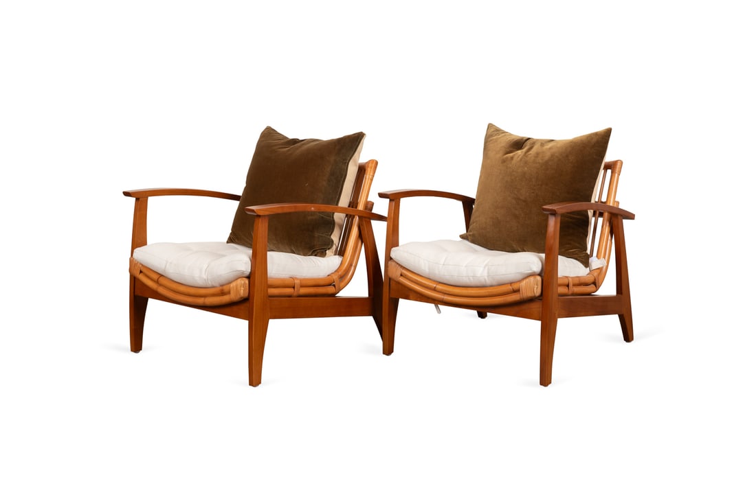 Pair of CB2 "Noelie" Rattan & Wood Lounge Chairs (1 of 8)