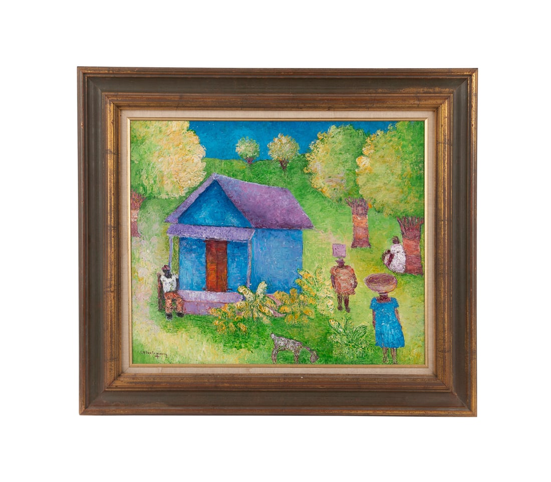 Henri Calixte, "Blue House", 20th-21st C., O/C: Henri Calixte Haitian, 1933-2010 "Blue House" - 20th-21st century Oil on canvas Signed to LL, titled to stretcher. Framed. Canvas: 20 1/8 x 23 7/8 in. (51.1 x 60.6 cm.), Frame: 28 x 32 x 2 in. (71.1 x