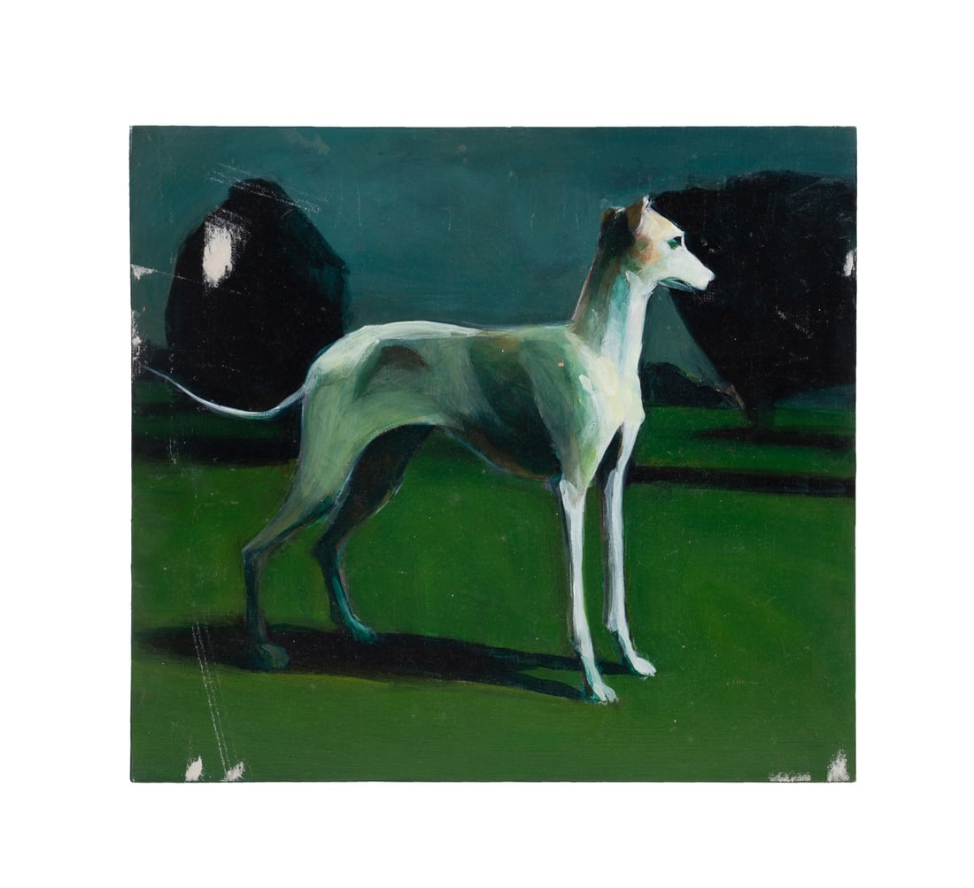 Gregory Eltringham, "Ghostdog", 1996, O/B: Gregory Eltringham American, born 1964 "Ghostdog" - 1996 Oil on board Apparently unsigned to recto, signed and dated to verso. Unframed. Board: 11 1/2 x 12 3/4 x 3/4 in. (29.2 x 32.4 x 1.9 cm.) Prove