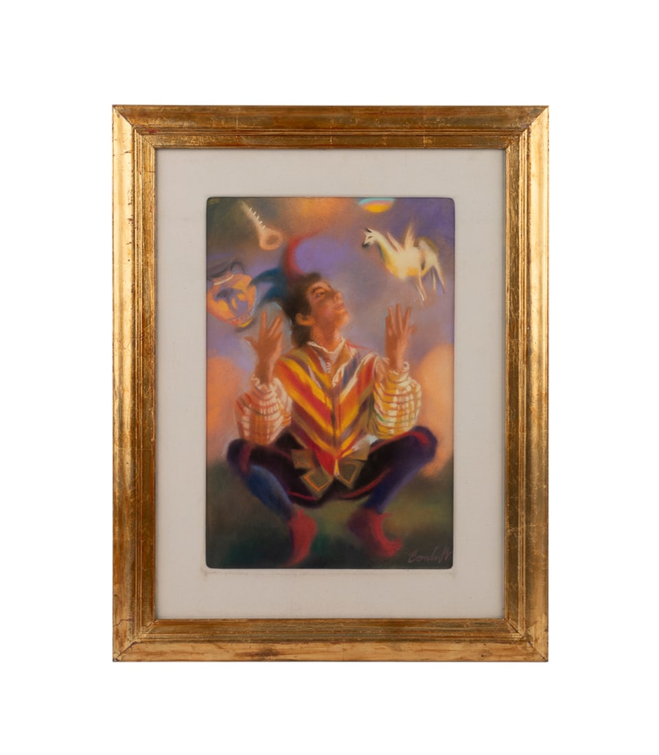 Lee Bomhoff, Jester, 20th C., Pastel: Lee Bomhoff American, 1958-1997 Untitled (Jester) - second half 20th century Pastel Signed to LR. Framed. Sight: 21 3/4 x 14 5/8 in. (55.2 x 37.1 cm.), Frame: 32 5/8 x 25 5/8 x 1 in. (82.9 x 65.1 x 2.