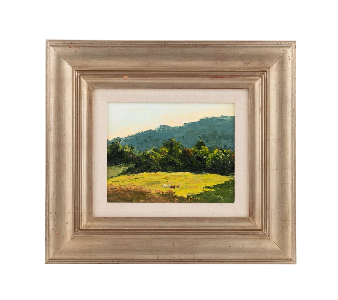 Contemporary Pastoral Landscape, O/C, Signed: Untitled (Pastoral Landscape) Oil on canvas American or Continental School, 21st century. Initialed "LME" to LR. Framed. Canvas: 8 x 10 in. (20.3 x 25.4 cm.), Frame: 16 7/8 x 18 7/8 x 2 in. (42.9 x 47
