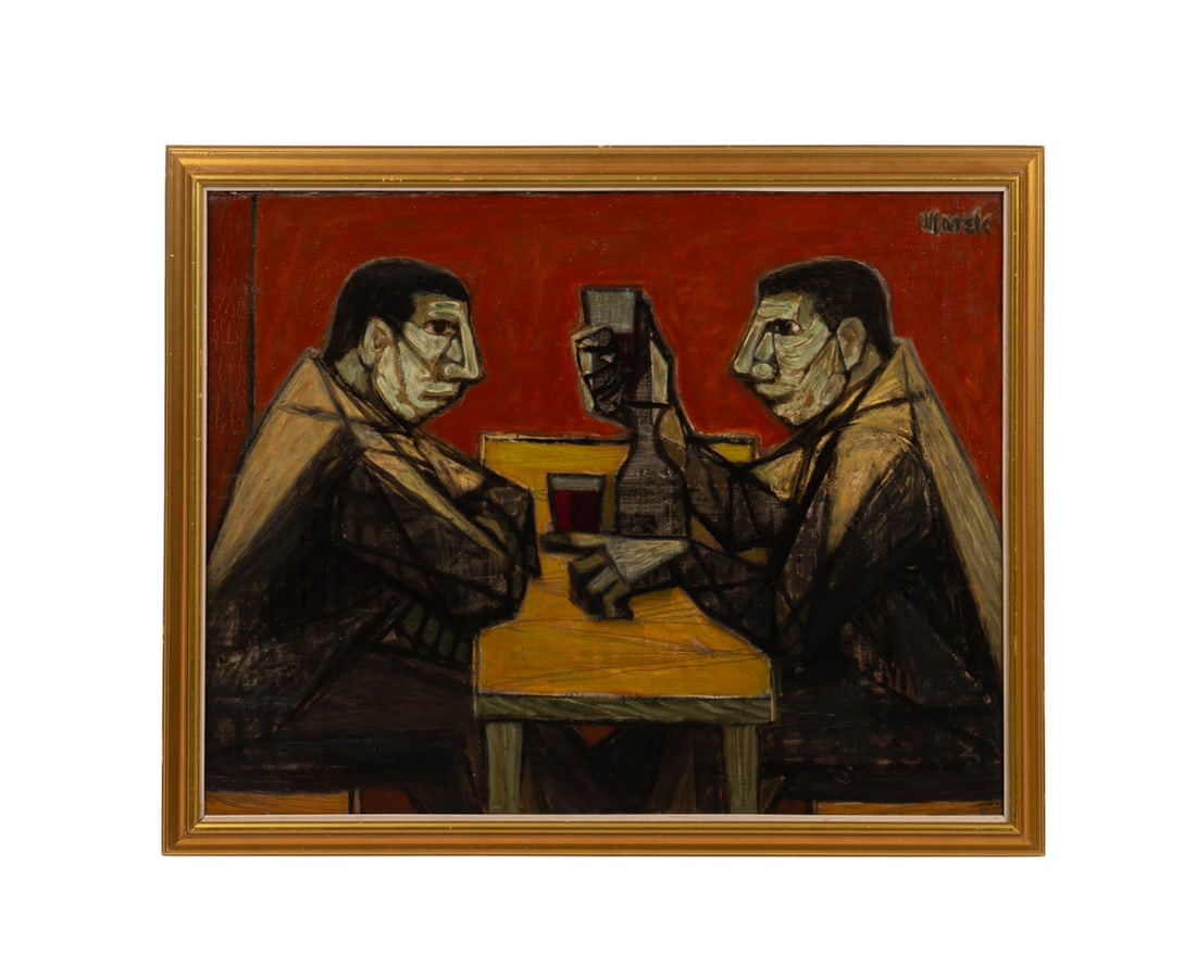 Marek Zulawski, "Wine Drinkers, Brittany", 1954: Marek Zulawski Poland, 1908-1985 "Wine Drinkers, Brittany" - 1954 Oil on canvas Signed "Marek" to UR, label to stretcher with title and date. Framed. Canvas: 27 7/8 x 35 7/8 in. (70.8 x 91.1 cm.), Fra