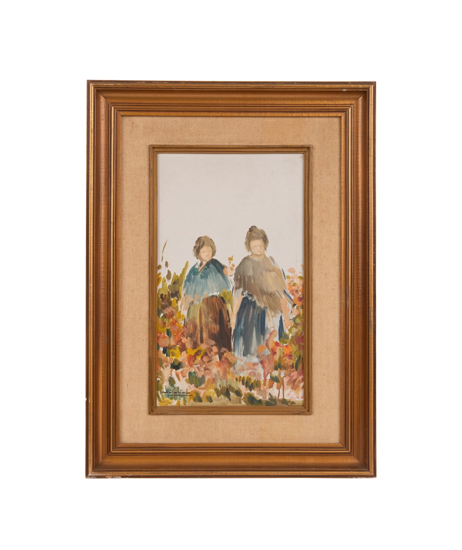 Continental School, Two Women, 20th C., Gouache: Two Women in a Field of Flowers Gouache on board Continental School, 20th century. Impressionistic depiction of two traditionally dressed women in a colorful field, illegibly signed to LL. Framed. Pan