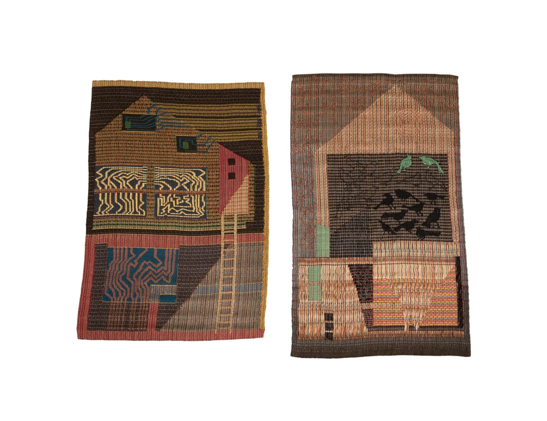 Barbara Eckhardt, Two Art Embroidery Works: Barbara Eckhardt American, 1955-1996 "Black Bird House", 1987 and "Throught the Cellar", 1986 Woven and embroidered cotton, linen, and ramie Artist's fabric label with name, titled, and date to verso.