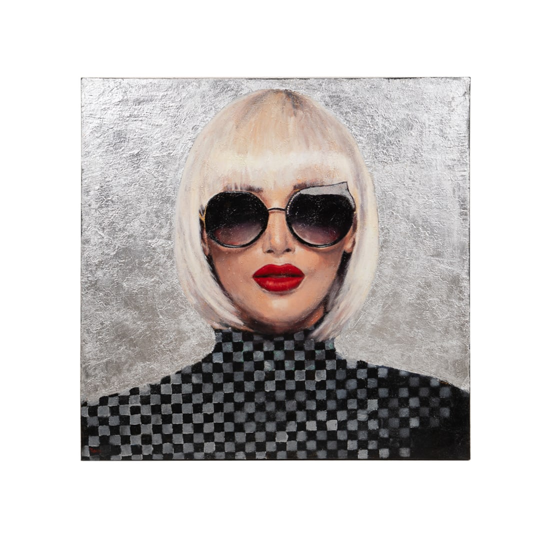 Woman in Sunglasses, Large MM, Signed: Woman in Sunglasses Acrylic, silver leaf, rhinestones, and glitter on canvas American or Continental school, 21st century. Signed LL. Unframed. Canvas: 48 x 48 x 1 7/8 in. (121.9 x 121.9 x 4.8 cm.)