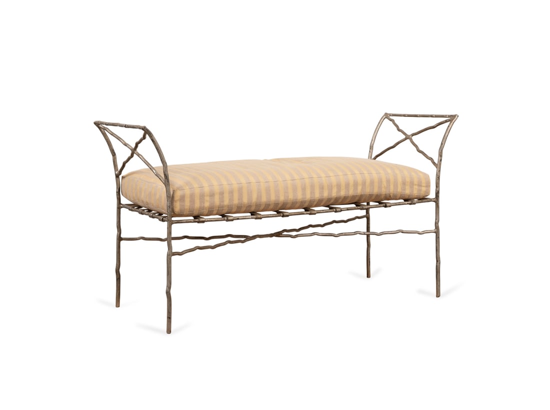 Faux Bois Iron Silver Finished Bench: Faux Bois Iron Silver Finished Bench Late 20th to early 21st Century, Possibly American or European Having double arms and loose seat cushion. Apparently unmarked. Seat with cushion h. 22"; seat