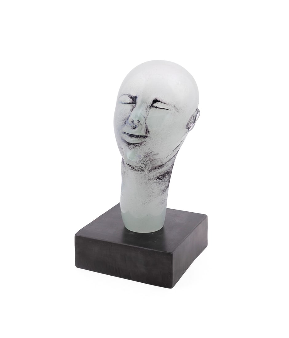 Pearl Dick, "Group (Celadon Head)" - 2007, Blown glass and steel: Pearl Dick American, born 1977 "Group (Celadon Head)" - 2007 Blown glass and steel Acid etched signature and date to underside of head, with base. Note: This Lot is accompanied by a 2007 receipt from 