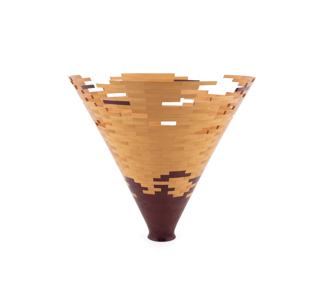 Bud Latven, "Brazilian Sunrise", 2006: Bud Latven American, born 1949 "Brazilian Sunrise" - 2006 Brazilian satinwood and purpleheart Signed "Latven" and dated to bottom. 15 3/4 x 17 1/4 x 17 1/2 in. (40 x 43.8 x 44.5 cm.) Provenance: Priv