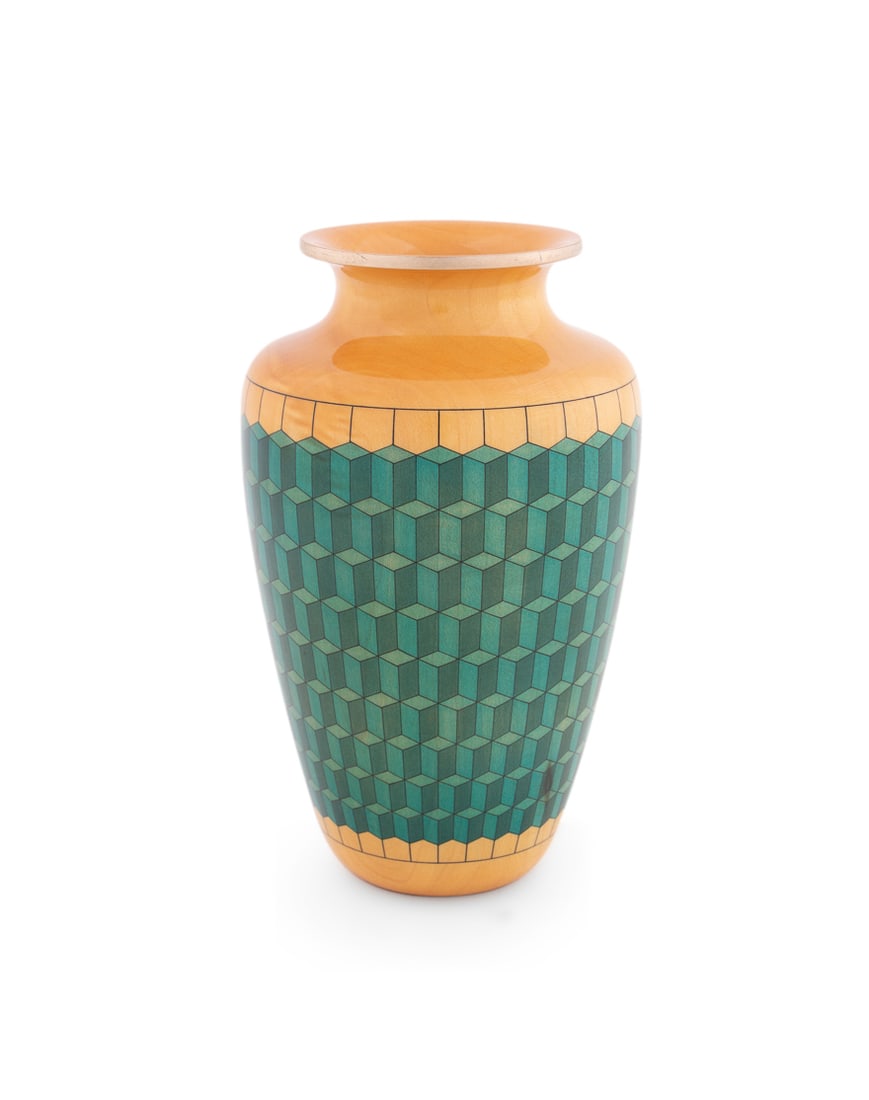 Steve Sinner, "Green Cubes" - 2004, Turned Vase: Steve Sinner American, Born 1942 "Green Cubes" - 2004 Maple, Acrylic, Gold Leaf and Mixed Media Signed, titled, dated, wood type, and number (obscured by sticker) to underside. 6 x 3 3/4 x 3 3/4 in. (