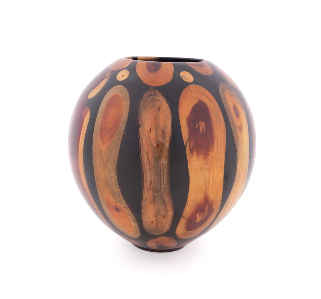 Philip Moulthrop, Bundled Multi-wood Mosaic Bowl: Philip Moulthrop American,, born, 1947 Turned Bundled Mosaic Bowl Cedar, Cherry, Oak, Pine, Poplar, Resin Signed, wood species, and numbered "513021" to the underside. 8 1/2 x 8 1/2 x 8 1/2 in. (21.6 
