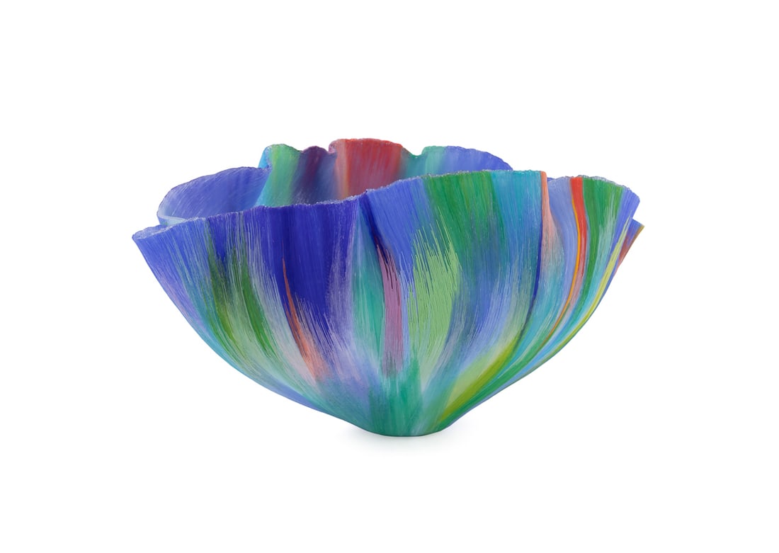 Toots Zynsky, Filet-de-Verre Colorful Glass Vessel: Toots Zynsky American, Born 1951 Colorful Centerpiece Vessel Filet-de-Verre fused and thermo-formed colored glass threads Monogrammed "Z" to underside. 9 3/4 x 19 x 10 in. (24.8 x 48.3 x 25.4 cm.) Pr