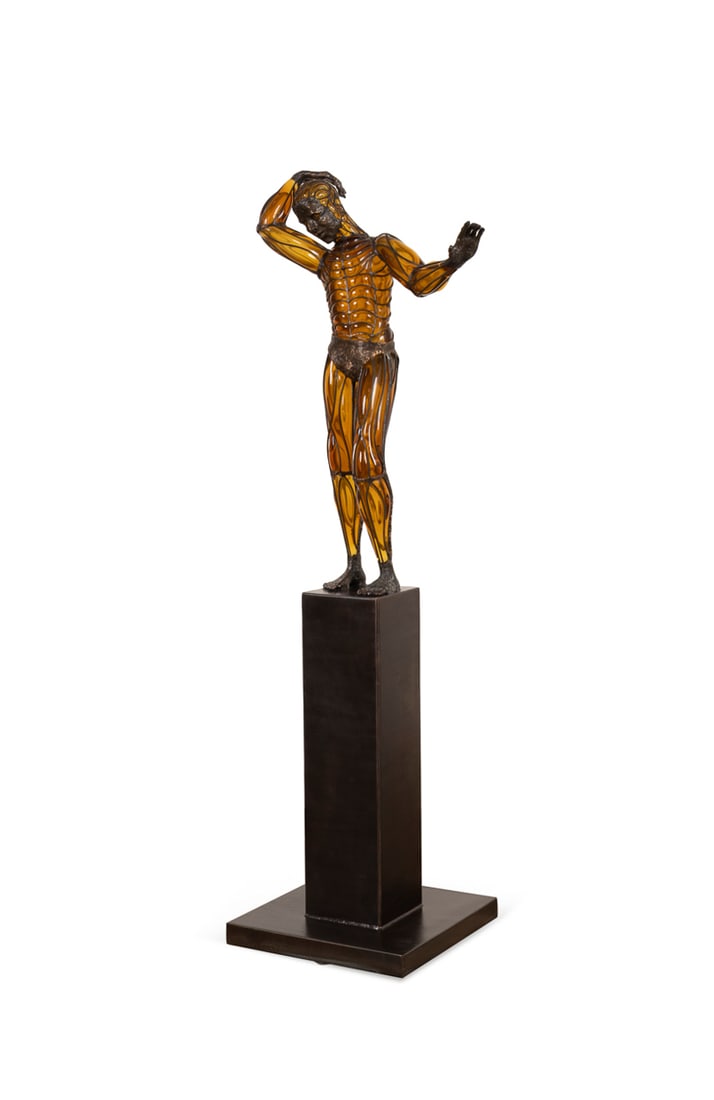 David Bennett, "Thinking", Glass & Bronze, 2005: David Bennett American, born 1941 "Thinking" - 2005 Blown glass and bronze sculpture; attached to rotating bronze base. Acid etched signature to front side of outstretched arm. Note: Accompanied by re