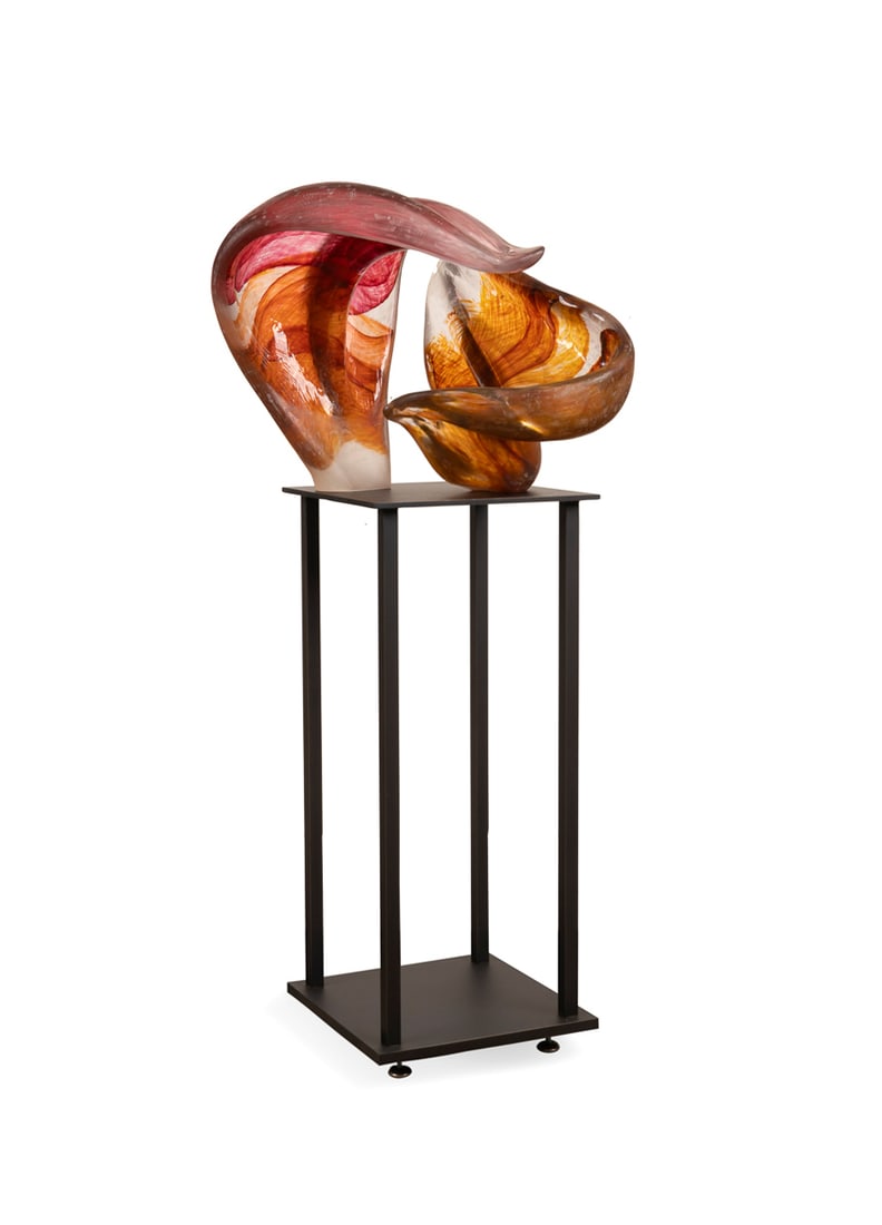 Martin Blank, "Reflect", 2004, Glass: Martin Blank American, born 1962 "Reflect" - 2004 Hot worked glass Comprising two pieces, signed and dated to interior of pink piece, with black metal pedestal (37.5 x 16 x 16 in.). Note: This Lot is 