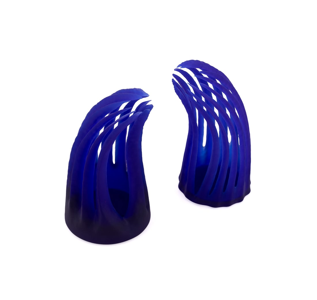 Paul Schwieder, Untitled (Pair Blue Forms), 2003: Paul Schwieder Canadian, born 1963 Untitled (Pair of Blue Forms), 2003 Blown and sandblasted glass Signed and dated on underside of one piece. First Piece: 9 1/4 x 4 3/4 x 4 3/4 in. (23.5 x 12.1 x 12.