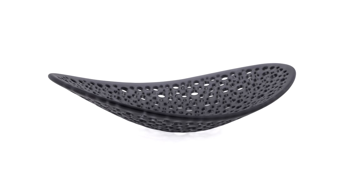 Steffen Dam, Perforated Gray Plate, Glass: Steffen Dam Danish, born 1961 Perforated Gray Plate Glass; pipe-worked with cold work Apparently unsigned. Features satin finish on attenuated, asymmetric, oblong bowl with perforations of varying