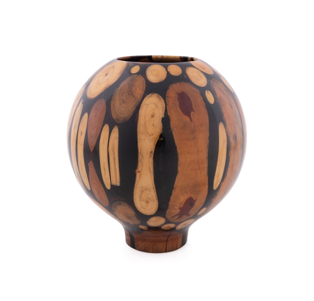 Philip Moulthrop, Footed Bundled Mosaic Bowl: Philip Moulthrop American,, born, 1947 Turned Bundled Mosaic Footed Bowl Cedar, Cherry, Boxelder Signed, wood species, and numbered "601090" to the underside. 8 1/4 x 8 1/4 x 8 1/4 in. (21 x 21 x 21 c