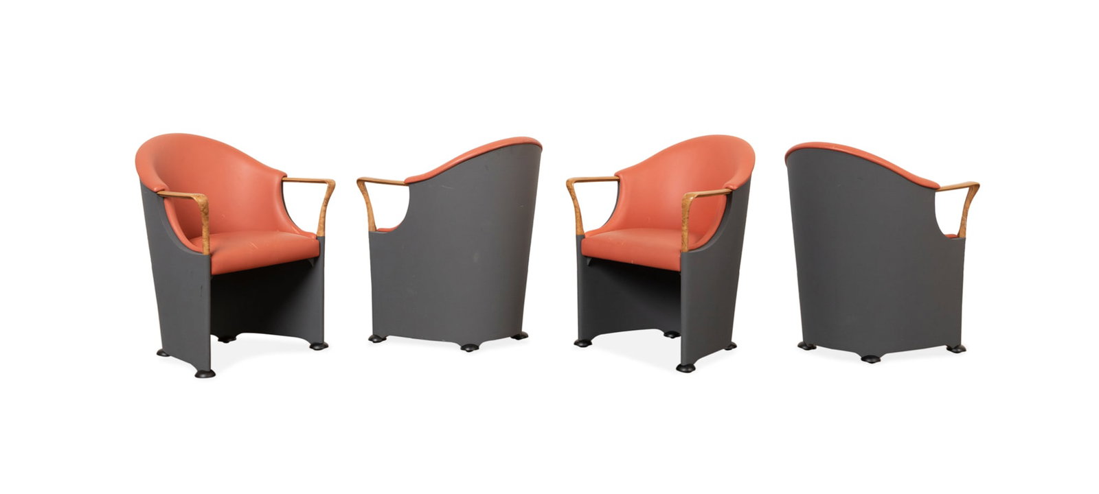 Four Origlia "Tronetto" Dining Armchairs, 1990s: Four Origlia "Tronetto" Dining Armchairs Luigi Origlia (Italian, 1933-2016) for Origlia srl, (Italian, founded 1940), 1990s. Set of four "Tronetto" two tone dining chairs, with salmon leather, burlwoo