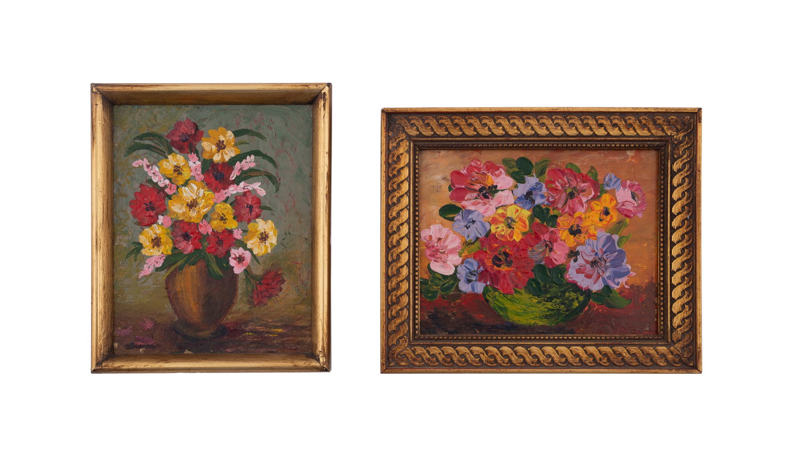 Betty Foy Sanders, 2 Sm. Floral Still Lifes, Oil: Betty Foy Sanders American, 1926-2022 Pair of Small Floral Still Life Paintings Oil on card Apparently unsigned. Card: 5 x 4 in. (12.7 x 10.2 cm.), Frame (larger): 5 1/8 x 6 1/8 x 5/8 in. (13 x 15.6 x