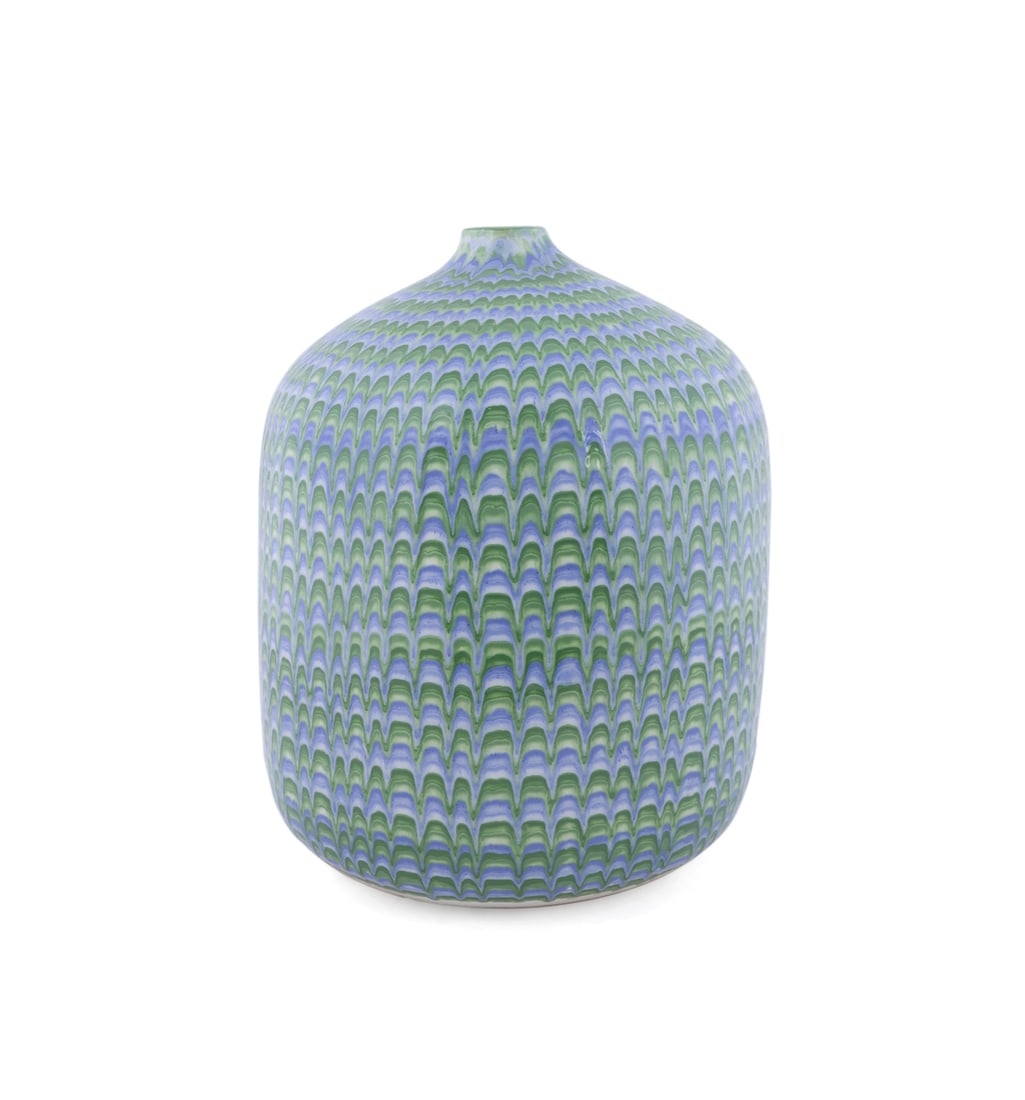 Jack Moulthrop, "Seismic", 2003, Ceramic Vessel: Jack Moulthrop American, 1921-2014 "Seismic" - 2003 Ceramic Having a blue and green rippling glaze pattern, signed, titled, and dated to underside. 18 1/4 x 14 5/8 x 14 in. (46.4 x 37.1 x 35.6 cm.) P
