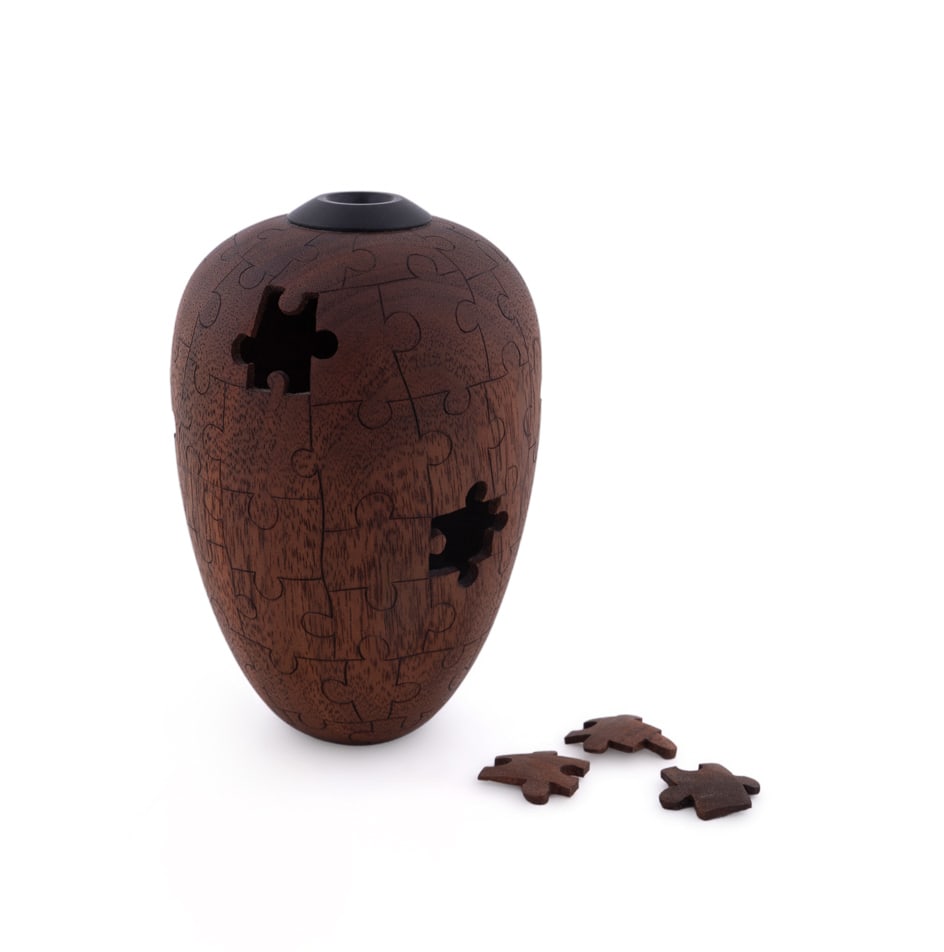 Art Liestman, Maple & Ebony Puzzle Vase, 2003: Art Liestman Canadian (British Columbia), 20th Century Untitled (Puzzle Vase) - 2003 Big Leaf Maple and Ebony Wood Signed and dated to underside. Accompanied by three puzzle pieces. Vase: 6 1/2 x 3 5/