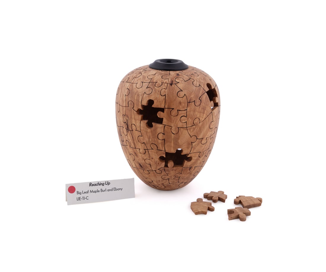 Art Liestman, "Reaching Up" Puzzle Vase, 2004: Art Liestman Canadian (British Columbia), 20th Century "Reaching Up" - 2004 Big Leaf Maple Burl and Ebony Wood Signed and dated to underside. Accompanied by four puzzle pieces. Vase: 4 1/2 x 3 5/8 x 3