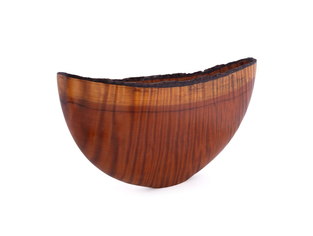Mark Bressler, "Bowlerrs Grande #8", 2008: Mark Bressler American, 1951-2010 "Bowlerrs Grande #8" - 2008 Redwood Large turned wood live edge flat vessel, signed, dated, titled, and with wood type inscribed to underside. 18 7/8 x 33 x 7 in.