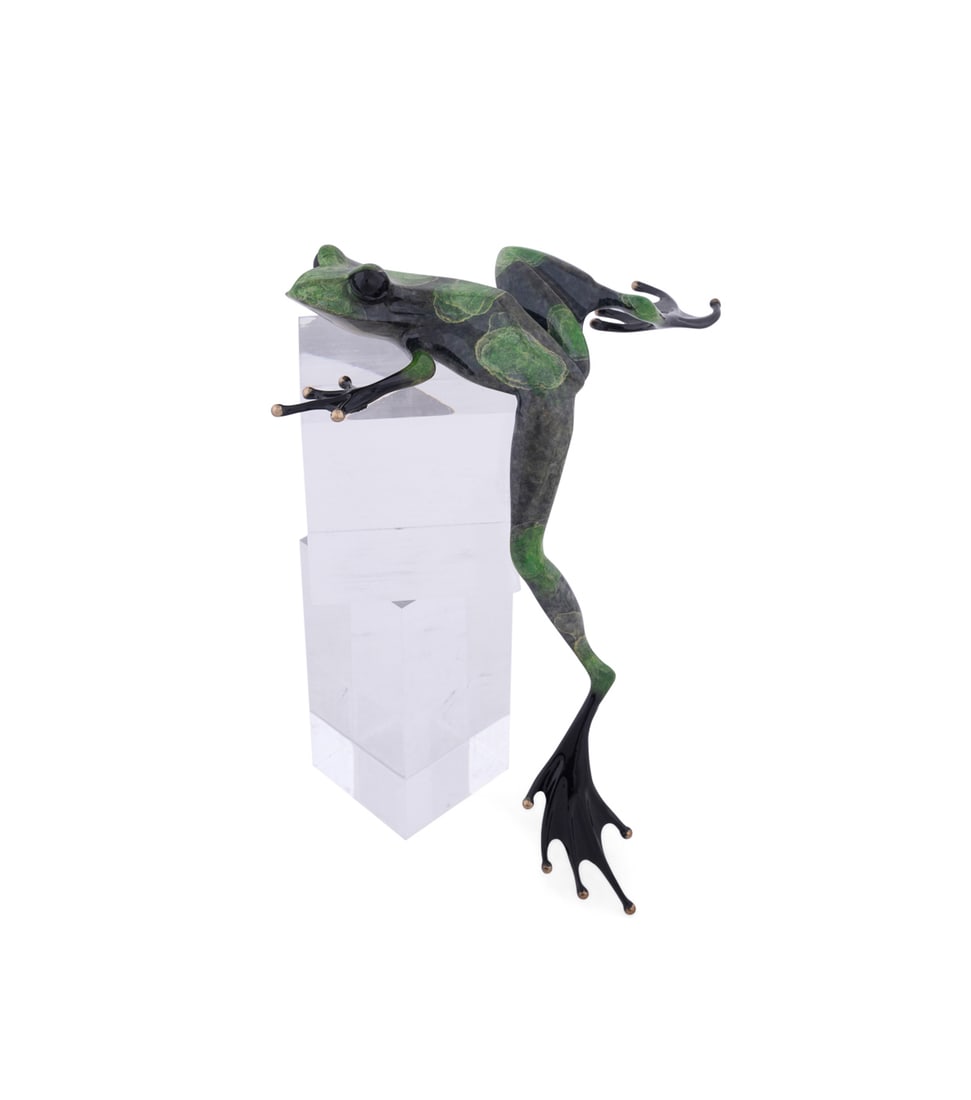 Tim Cotterill, "Hangfrog", 1998, Bronze: Tim "The Frogman" Cotterill English/American, born 1950 "Hangfrog" - 1998 Enameled Bronze Foundry mark "Frogman" under right leg, signed, dated, and numbered 1042/2000 to underside. 13 1/4 x 9 1/2 x 7