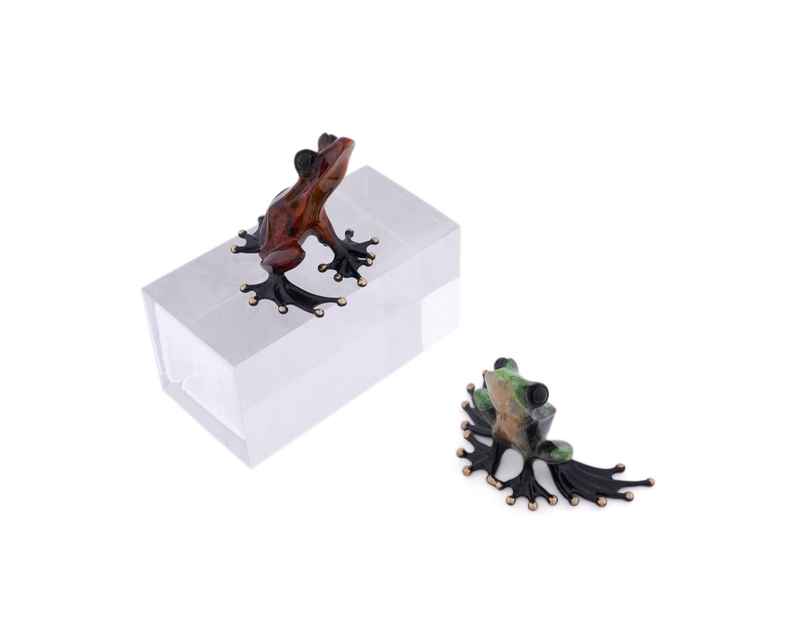 Tim Cotterill, Two Frog Figurines, Bronze: Tim "The Frogman" Cotterill English/American, born 1950 Two Frog Figurines - 1997 and 2001 Enameled Bronze Comprising one green frog, 1997, numbered 1502/2000, and one red frog, 2001, numbered 663/200