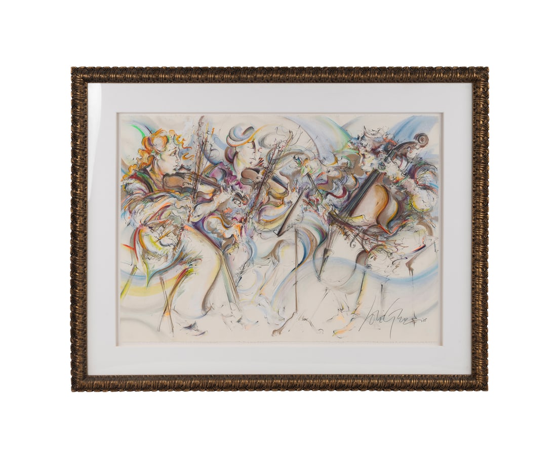 L.-G. Fenster, String Players, 2005, MM: Lori-Gene Fenster American, 1956-2014 Untitled (String Players) - 2005 Mixed Media Signed and dated to LR. Framed. Sheet: 30 3/8 x 43 in. (77.2 x 109.2 cm.), Frame: 43 1/8 x 55 7/8 x 2 1/8 in. (109.5