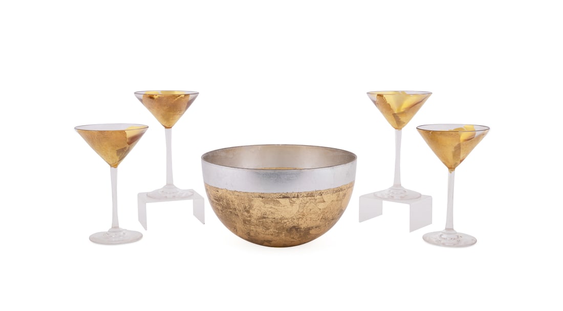 R. Strong, 4 "Gold Leaf" Martini Glasses & a Bowl (1 of 14)