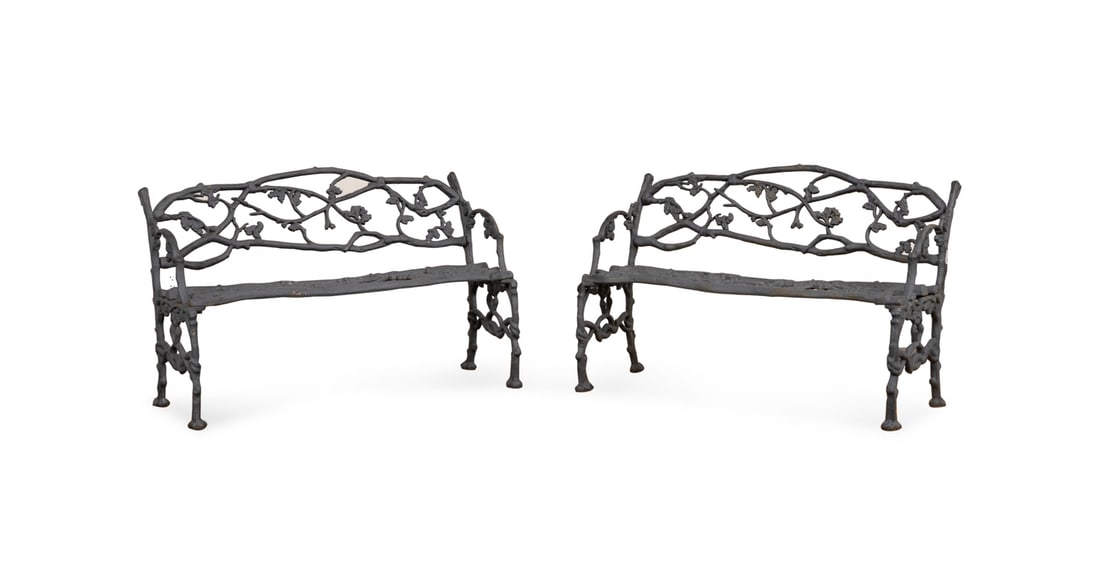 Janes, Beebe (Manner ), Pair of Cast Iron Benches: Pair of Cast Iron Twig Motif Benches 20th century Manner of Janes, Beebe & Co. (American, 1844-circa 1940), 20th century. Each having naturalistic blooming twig decoration with entwined serpent leg